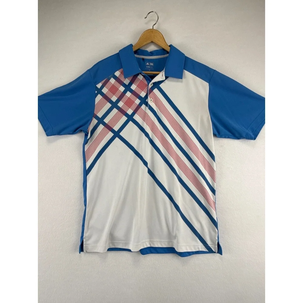 Adidas Golf Shirt Mens Medium Blue White Climalite Short Sleeve Polo Graphic